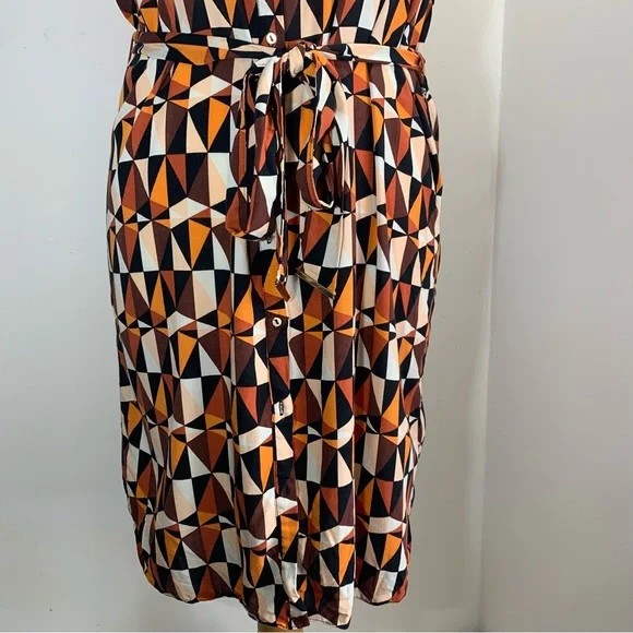 Dorothy Perkins Shirt Dress Orange Black Geometric Print Belted Rolled Sleeve 12 - Picture 7 of 13
